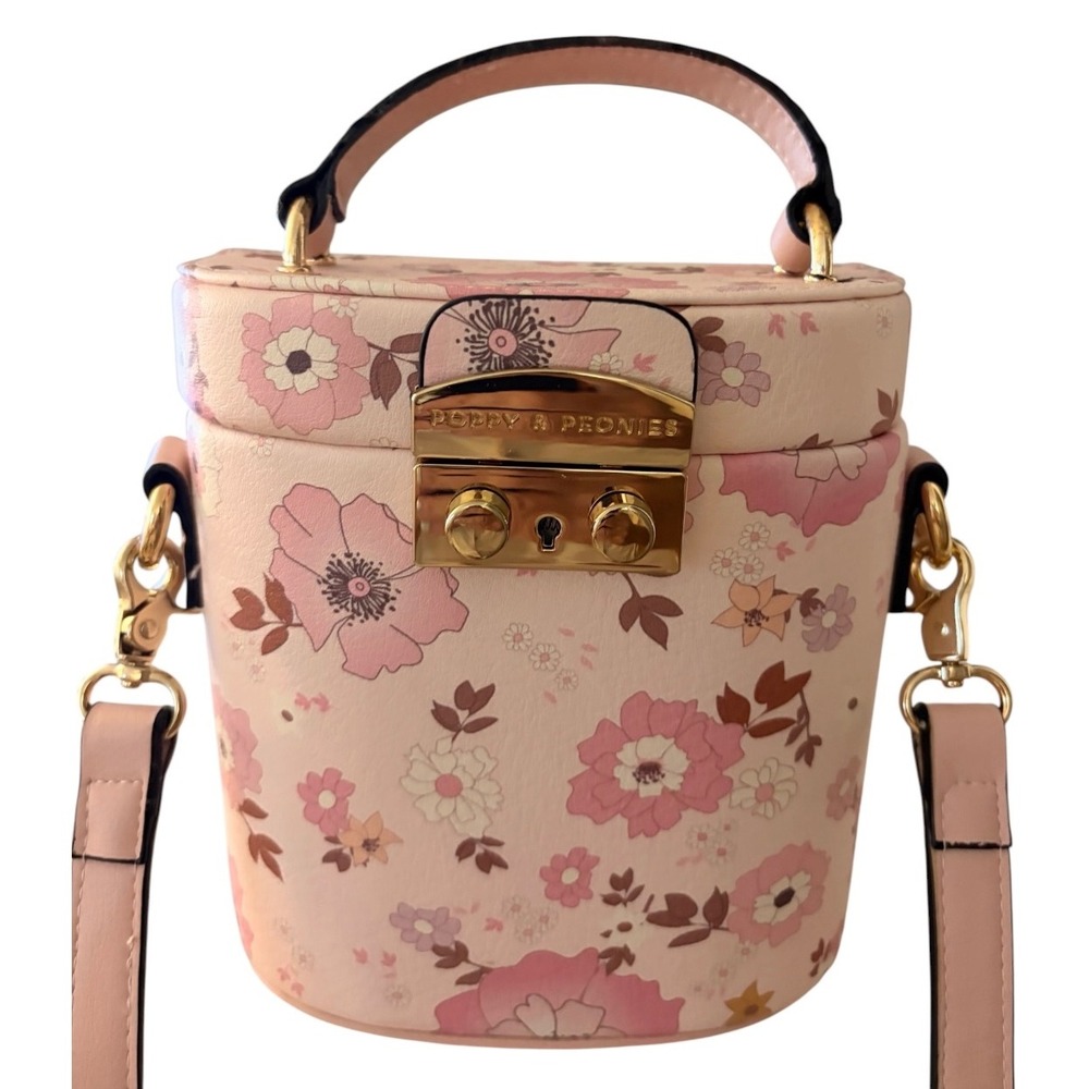 Poppy & Peonies Pink Floral Crossbody Top Handle Bag Gold Hardware